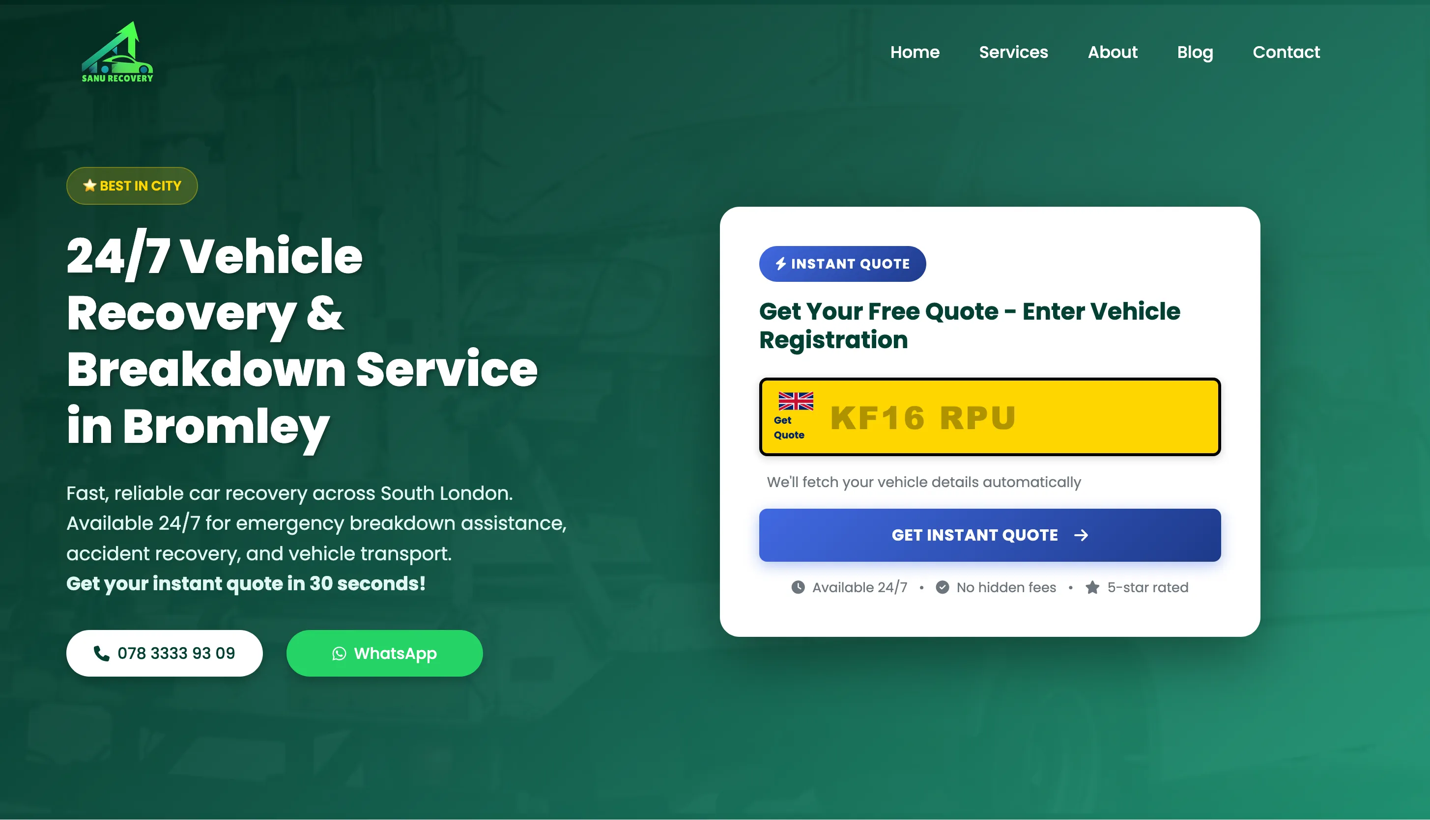 SANU Recovery - 24/7 Vehicle Recovery Website (#1 on Google)